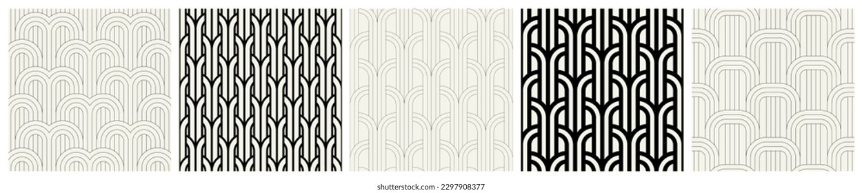 Vector seamless patterns set. Stylish linear ornaments. Geometric backgrounds with thin and bold arches. Regular monochrome swatches. Art deco tileable grids.