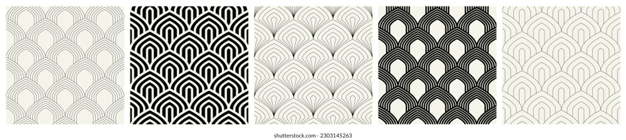 Vector seamless patterns set. Stylish linear ornaments. Geometric striped backgrounds with arches. Art deco thin monochrome swatches. Tileable prints with linear pointed arches.