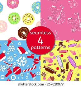 Vector seamless patterns set. Sweet baby  colorful wrapping paper set with donuts, candies, cookies, ice-cream, bicycles and snowflakes