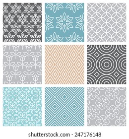 Vector seamless patterns set in trendy mono line style - 9 minimal and geometric textures