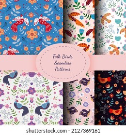 Vector seamless patterns set with various birds, flowers and leaves with different folk ornaments. Composition in scandinavan style. Ethnic flat illustration with nordic detailed in trendy colors.
