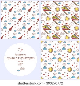 Vector Seamless patterns set. Weather Seamless pattern. Hand drawn doodle umbrella, kite flying, sun, cloud. Background for kids. Children's wallpaper
