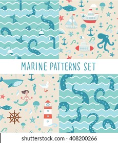 Vector seamless patterns sets of illustrations of fishing trip, octopus tentacles, fish, mermaid submarine whale while, starfish, anchor seagul. jellyfish, lighthouse