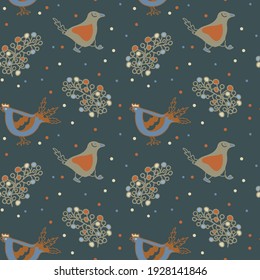 vector seamless patterns of stylized flowers and birds. Doodle funny birds and plants.