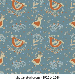 vector seamless patterns of stylized flowers and birds. Doodle funny birds and plants.