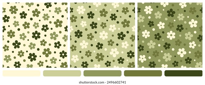 Vector seamless patterns with stylized olive flowers and dots. Minimalist style. Green shades of elements on light and dark olive backgrounds. The simple design for modern nature-inspired concepts