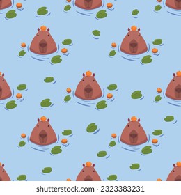 Vector seamless patterns with swimming capybaras with leaves.