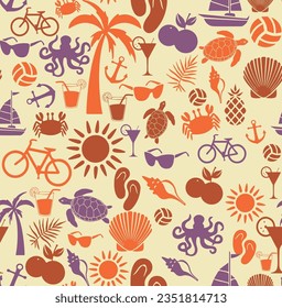Vector seamless patterns with in swimsuit on tropical beach and summer symbols. Summer holiday, vacation, travel. Backgrounds for summer concept and other use.