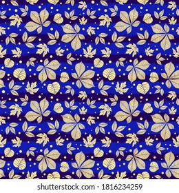 Vector seamless patterns for textile and paper printing. Autumn background with leaves in blue stripes