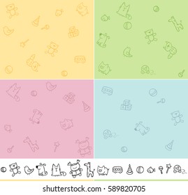 Vector seamless patterns with toys - 4 variations in soft colors plus doodles of the toys and toy animals.