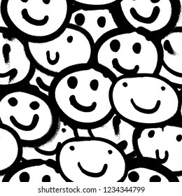 Vector seamless patterns. Trendy endless unique wallpaper with design elements. Graffiti happy emoji sprayed in black and white