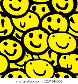 Vector seamless patterns. Trendy endless unique wallpaper with design elements. Graffiti happy emoji sprayed in black and yellow
