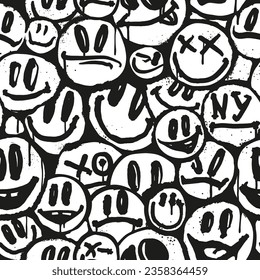 Vector seamless patterns. Trendy endless unique wallpaper with graffiti happy emoji sprayed in black and white