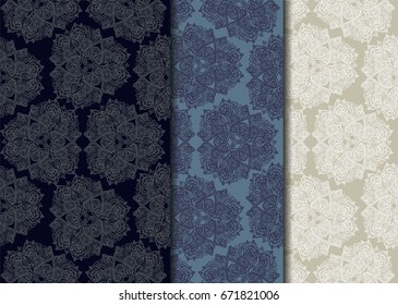 Vector seamless patterns of triangle mandalas - ethnic floral circle ornament with paisley and lotuses - three recolors set
