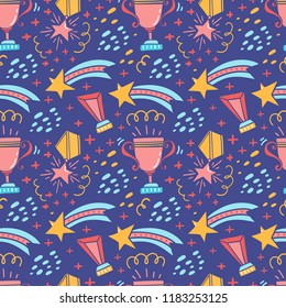 Vector seamless patterns with trophy, medals, cups and awards icons. Handdrawn doodle style.