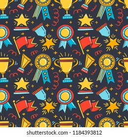 Vector Seamless Patterns With Trophy, Medals, Cups And Awards Icons. Handdrawn Doodle Style.