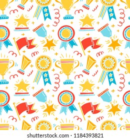 Vector Seamless Patterns With Trophy, Medals, Cups And Awards Icons. Handdrawn Doodle Style.