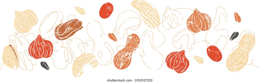 Vector  Seamless patterns with  Various Nuts and Seeds. Background with almond, cashew, peanut, walnut, pistachio.