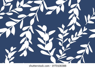 Vector. Seamless patterns. White leaves, branches, hand-drawn, on a blue background. Design prints for print, social media, banners, invitations, corporate designs, covers, flyers, brochures.