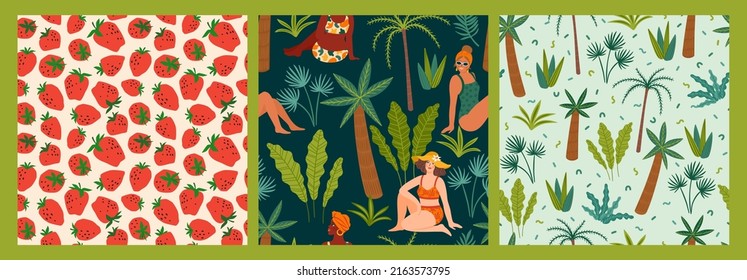 Vector seamless patterns with women in swimsuit, tropical plants, strawberries. Summer holliday, vacation, travel. Background for summer concept and other use.