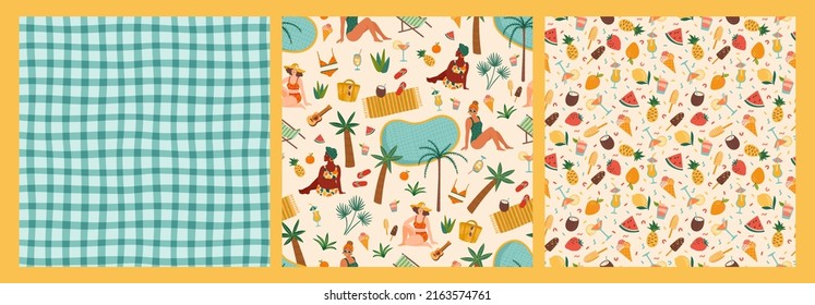 Vector seamless patterns with women in swimsuit on tropical beach and summer symbols. Summer holliday, vacation, travel. Backgrounds for summer concept and other use.