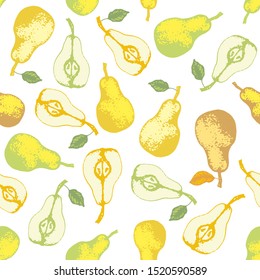 Vector seamless patterns with wonderful colorful tasty nice pears, hand-drawn in graphic, real-style at the same time. Seasonal color green, yellow. Green leaf. The scattered, juicy whole pears, half