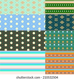 Vector seamless patterns.Geometric, squares and dot shape. Green, blue, yellow, pink color. Texture can be used for printing and design on cloth, paper and your projects