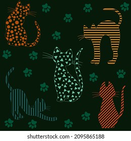 Vector seamless pattern.Silhouettes of cats in various poses are painted over with various geometric figures.