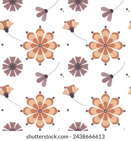 Vector seamless pattern.Simple trendy flowers, leaves and hearts on a white background