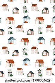 Vector seamless patternute with cute hand drawn color houses