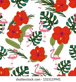 Vector of seamless patternwith red flowers,flamingo and tropical leaves on white background