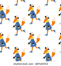 Vector seamless pattner with skating fox. Winter background. 