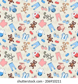 Vector seamless pattren with baby clothes and toys. Background for use in design, web site, packing, textile, fabric