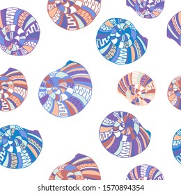 Vector seamless pattrn with red, blue and purple shells with ornament on a white background. Print for clothing, textiles, design of printed materials. Sea food packaging design. 