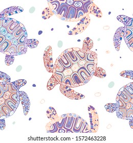 Vector seamless pattrn with red, blue and purple large sea scoops with ornament on a white background. Print for clothing, textiles, design of printed materials.