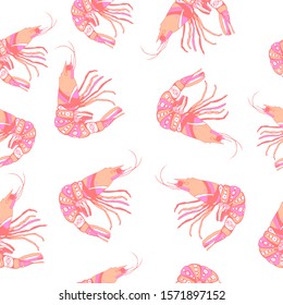 Vector seamless pattrn with tender red and pink shrimps on a white background. Print for clothing, textiles, design of printed materials. Design appetizers for beer and sea products.