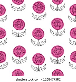 Vector seamless patttern background set of beautiful hand drawn flowers in retro style. Floral drawing with line-art on white backgrounds. Hand drawn vector illustration