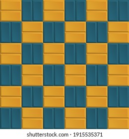 Vector seamless pavement texture. Blue and yellow street pavement seamless background. Colorful realistic paving slabs. Geometric mosaic street tiles seamless pattern. Stone floor tiles. Top view.