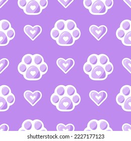 Vector seamless paw pattern pastel purple paw with heart. Pattern of animals paw repeat background, cat paw, dog. Pattern for zoo, children, pet shop, textile, grooming salon