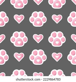 Vector seamless paw pattern pastel pink paw with heart. Pattern of animals paw repeat background, cat paw dog. Pattern for zoo, children, pet shop, textile, grooming salon