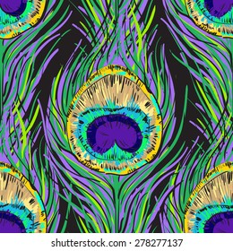 Vector seamless peacock feathers pattern in vivid colors, nature background, hand drawn illustration