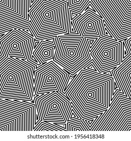 Vector, seamless pentagonal geometric pattern, made with a thin line, in black and white.