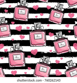 Vector seamless perfume bottles pattern, hand drawn, outlines black and white colors, on the stripes with pink hearths