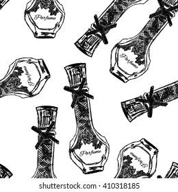 Vector seamless perfume pattern. Hand drawn seamless background of parfume. Doodle style.