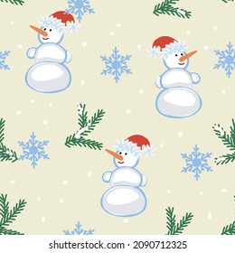 Vector of seamless pettern with snowman,fir branches and snowflakes