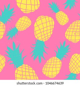 Vector seamless pineapple fruit crazy colors pattern. Very bright colorful cute cartoon background wallpaper, fabric . Childish style, abstract pop art on pink. Grunge texture trendy style.