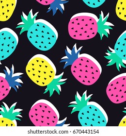 Vector seamless pineapple fruit crazy colors pattern. Very bright colorful cute cartoon fruits on black background