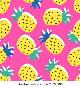 Vector seamless pineapple fruit crazy colors pattern. Childish style, abstract pop art on pink