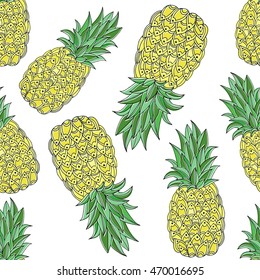 Vector seamless pineapple pattern with hand drawn zentangle pineapples