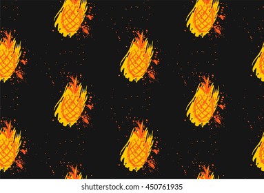Vector seamless pineapple textured pattern in retro style.Fruit pattern,summer print,pineapple pattern design,summer repeat pattern.Design for banner,poster,card,invitation,textile.Black background